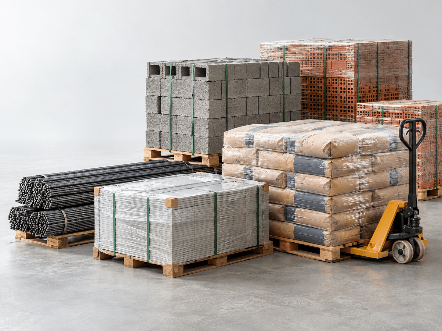 Pallets of blocks, cement bags and rebar ready for bulk delivery